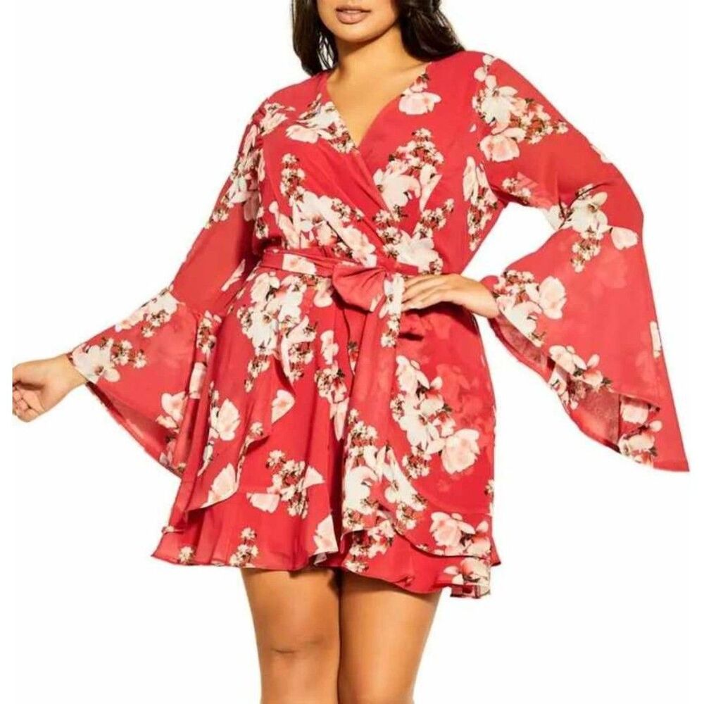 City Chic Sacred Lotus Floral Mini Dress Red Plus Size 20 NWT